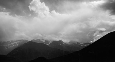 Black and white shot going into Jasper of mountains and sky