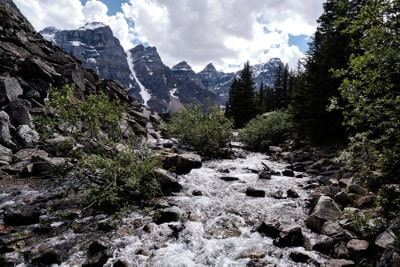 Rocky Stream surrounded by Mountains